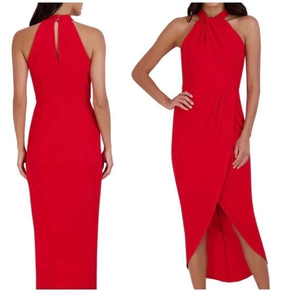 JULIA JORDAN - NWT - L Sz 8 Knot Neck Tulip Hem Midi Dress in Red Scuba Crepe ♥️ - Picture 3 of 16